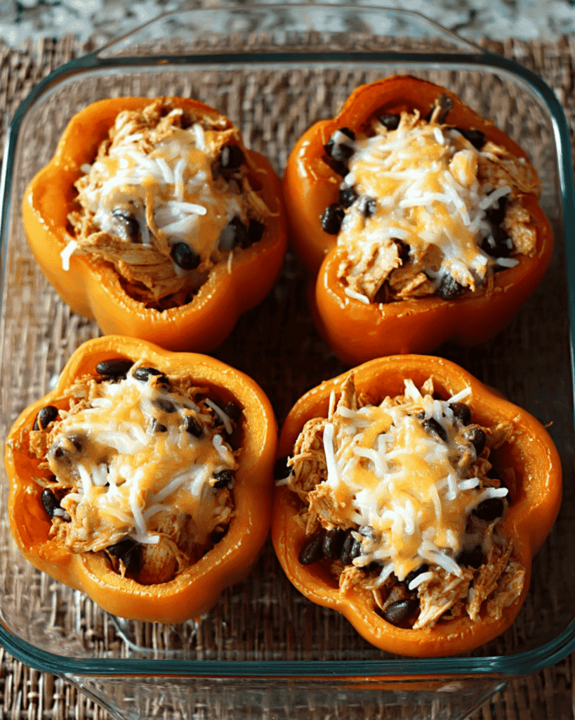 Orange bell peppers stuffed with shredded chicken, rice, black beans, and melted cheese in a glass baking dish.