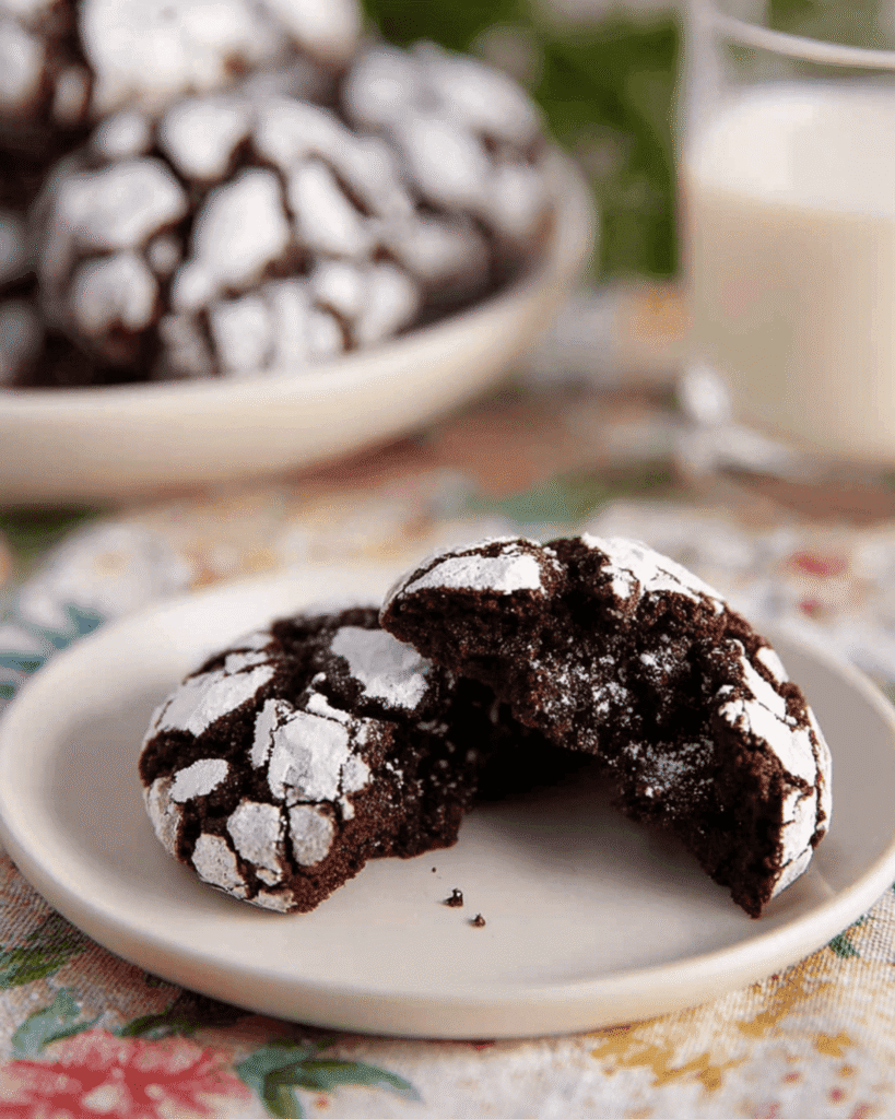 Fudgy Spider Chocolate Crinkle Cookie broken in half on a plate, showing chewy brownie-like texture.