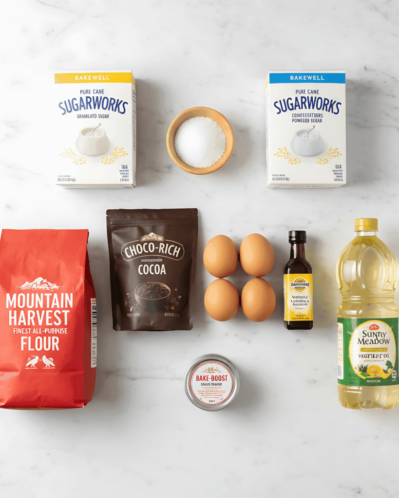 Flat lay of ingredients for Spider Chocolate Crinkle Cookies including flour, cocoa, sugar, eggs, vanilla, oil, and baking powder.