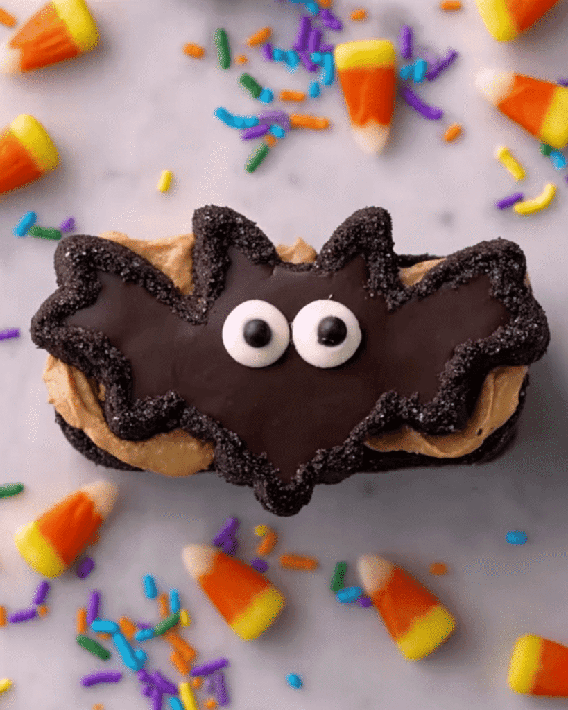 Halloween bat wing chocolate pretzel mix cookie with peanut butter filling, candy eyes, candy corn, and colorful sprinkles.