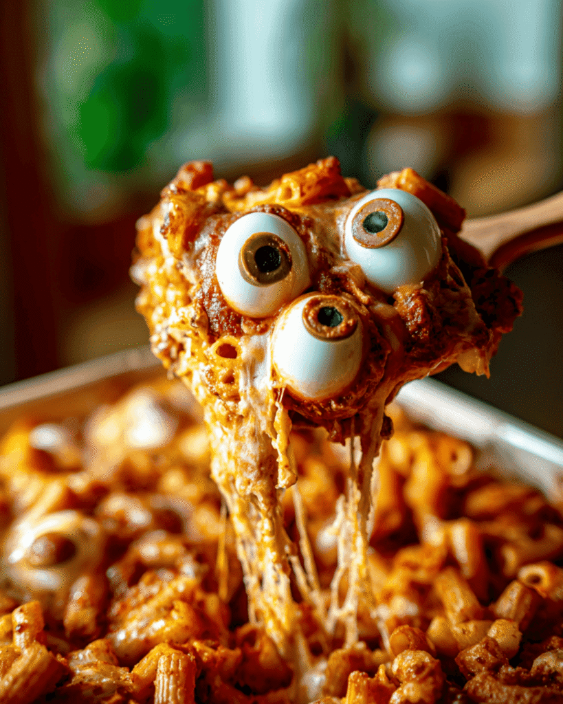 Cheesy baked ziti with stretchy mozzarella and olive eyeballs lifted on a serving spoon.