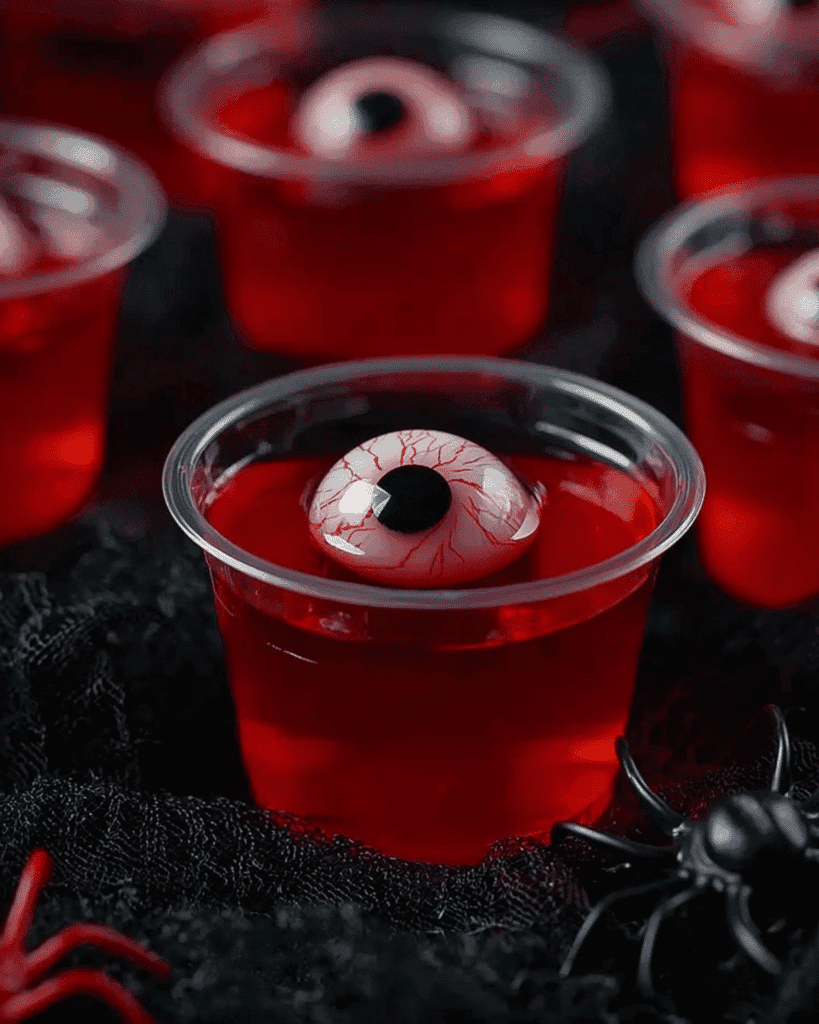 Close-up of Halloween eyeball jello shot with candy eyeball and plastic spider decoration on a dark background.
