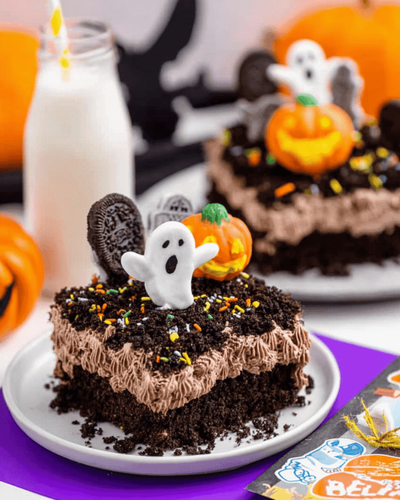 Halloween Graveyard Chocolate Poke Cake slice with marshmallow ghost, Oreo tombstones, and Halloween sprinkles.