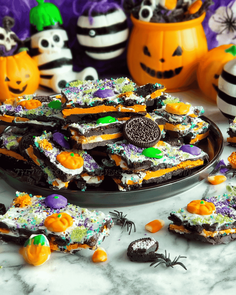 Spooky Halloween Oreo bark on a plate with candy pumpkins, sprinkles, and Halloween party decorations.