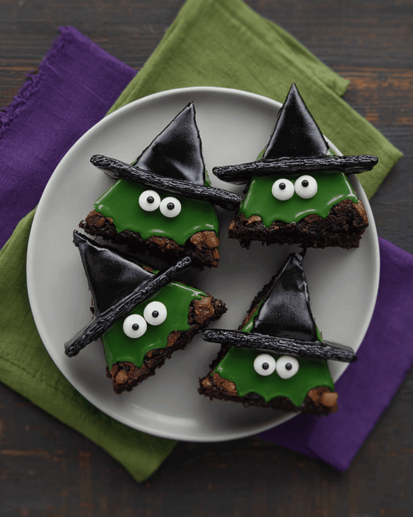 Halloween witch hat brownies with green icing faces, candy eyeballs, and black licorice brims on a white plate.
