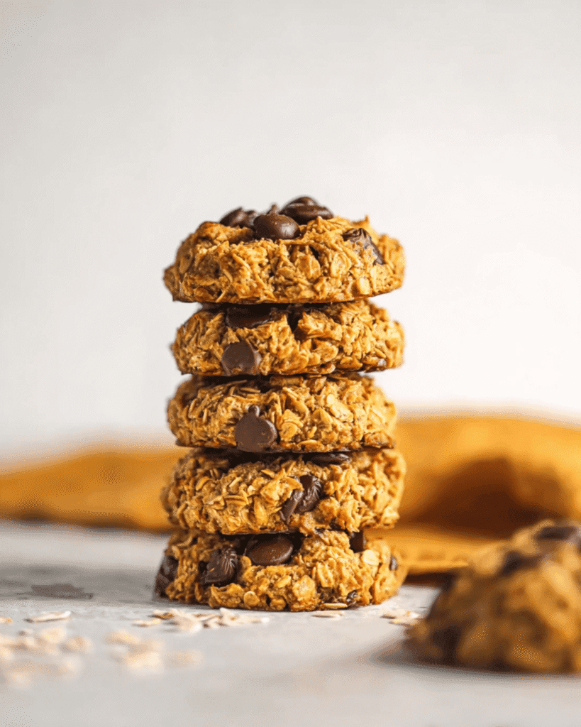 Stack of chewy healthy pumpkin oat cookies with chocolate chips on a light background