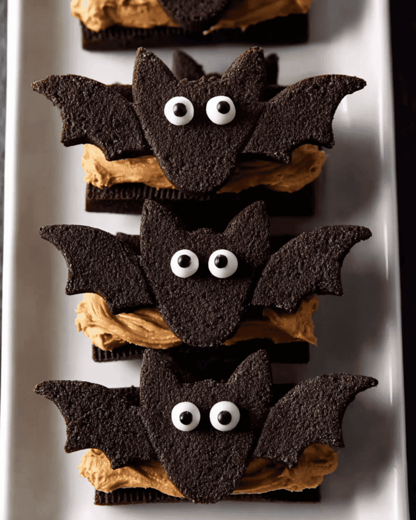Halloween bat sandwich cookies with peanut butter filling and candy eyes, stacked neatly on a serving tray.