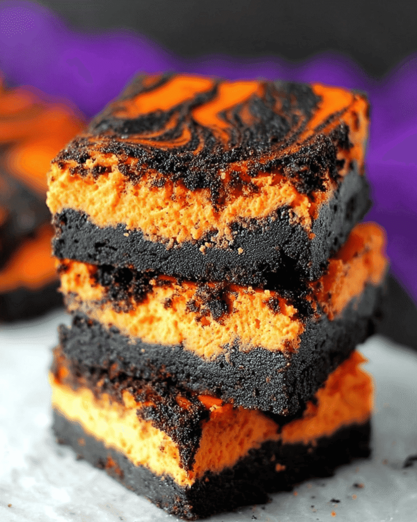 Tall stack of Halloween swirl cream cheese brownies with bright orange cheesecake layer