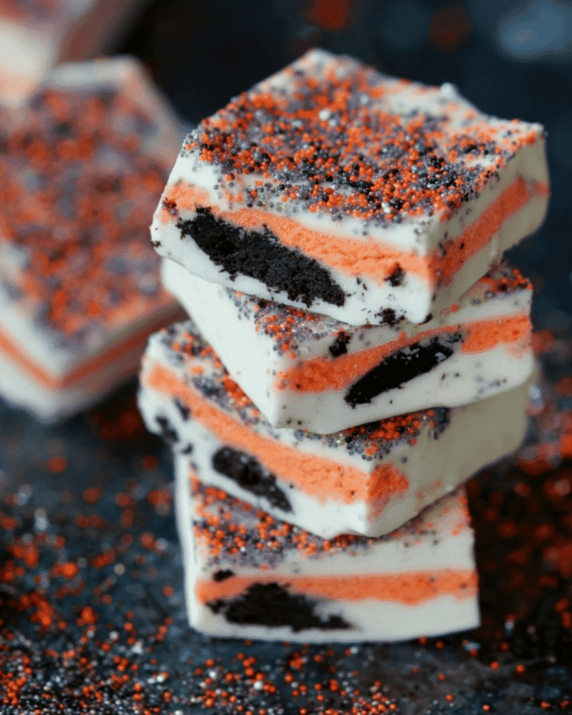 Close-up of stacked Halloween Oreo Bark with white chocolate, orange filling, and festive sprinkles.