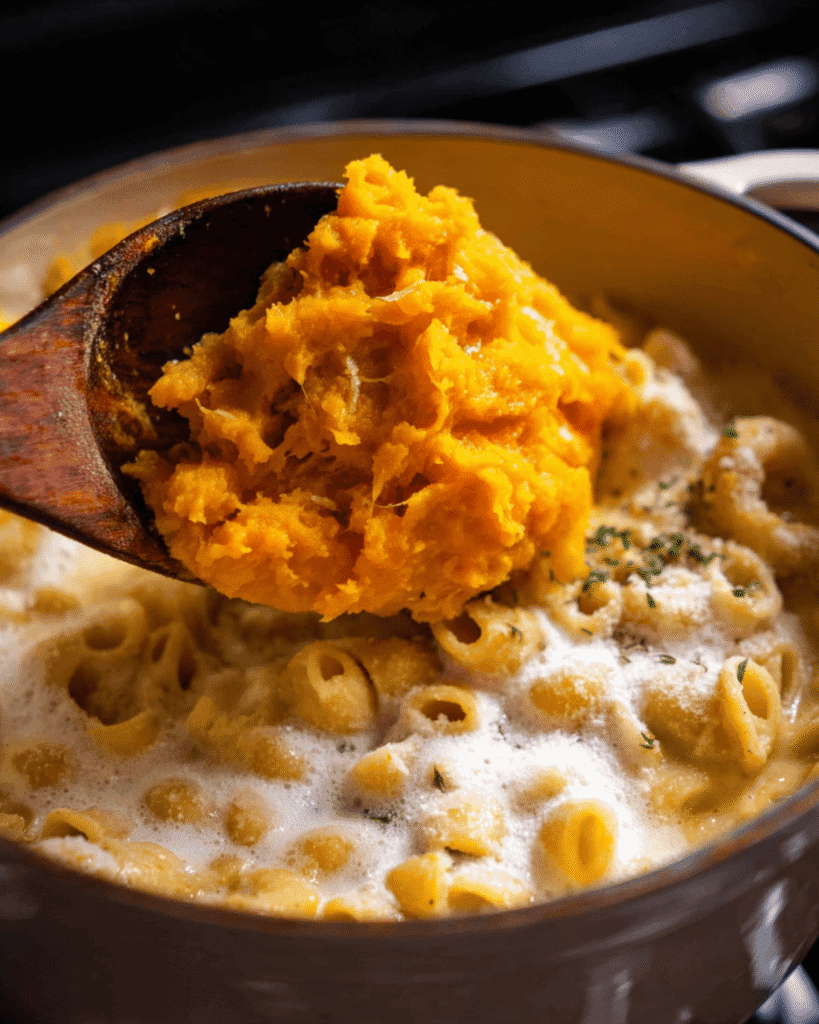 Pumpkin puree added to pasta pot with milk for creamy pumpkin mac and cheese