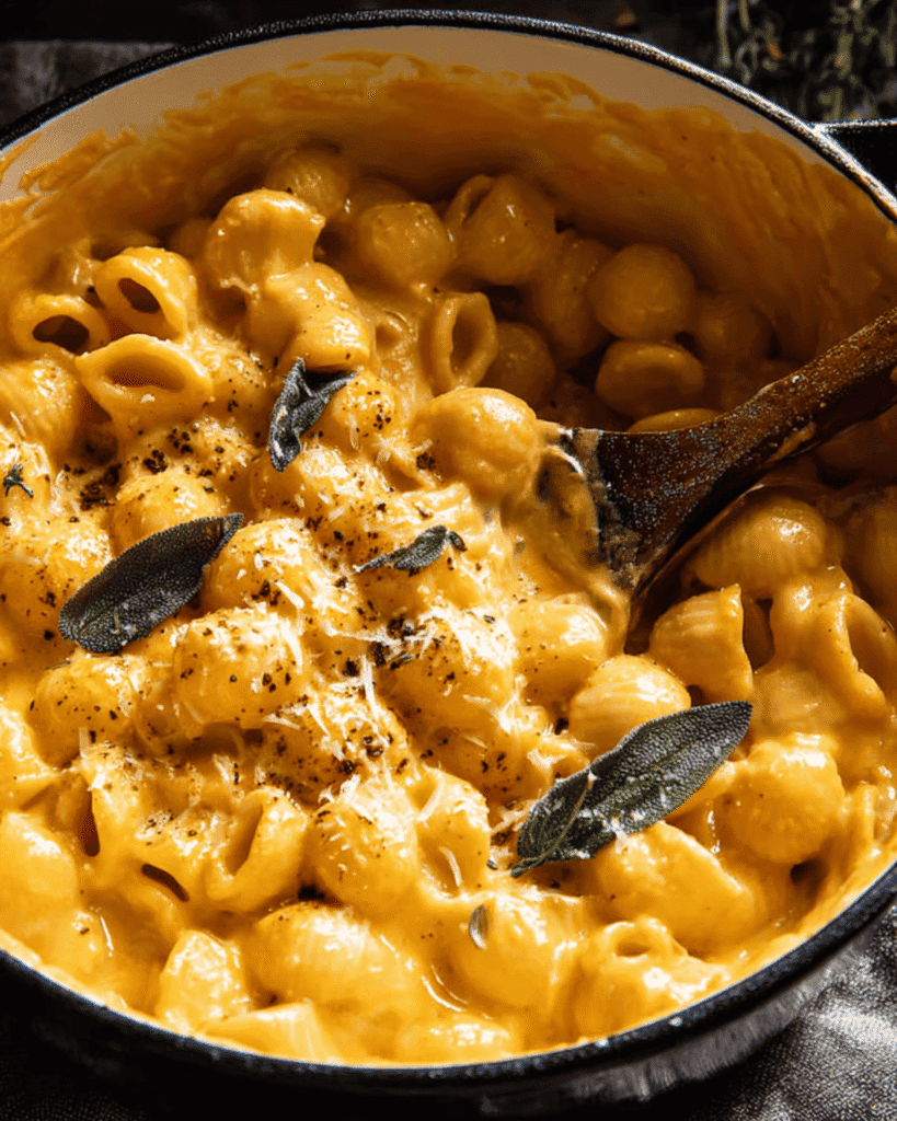 Pot of stovetop pumpkin mac and cheese topped with sage and cracked black pepper