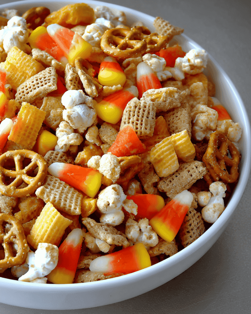 Macro shot of Witches Brew Halloween Snack Mix with pretzels, popcorn, candy corn, and cereal