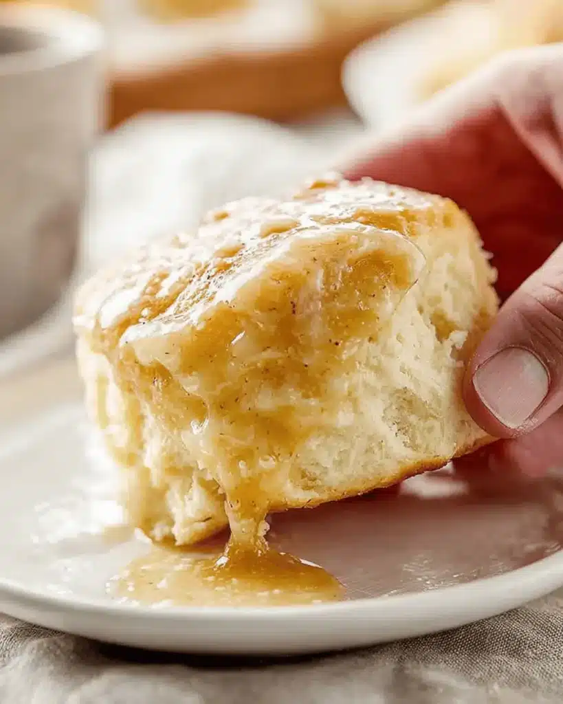 Soft Texas Roadhouse Roll with cinnamon honey butter dripping, held by hand