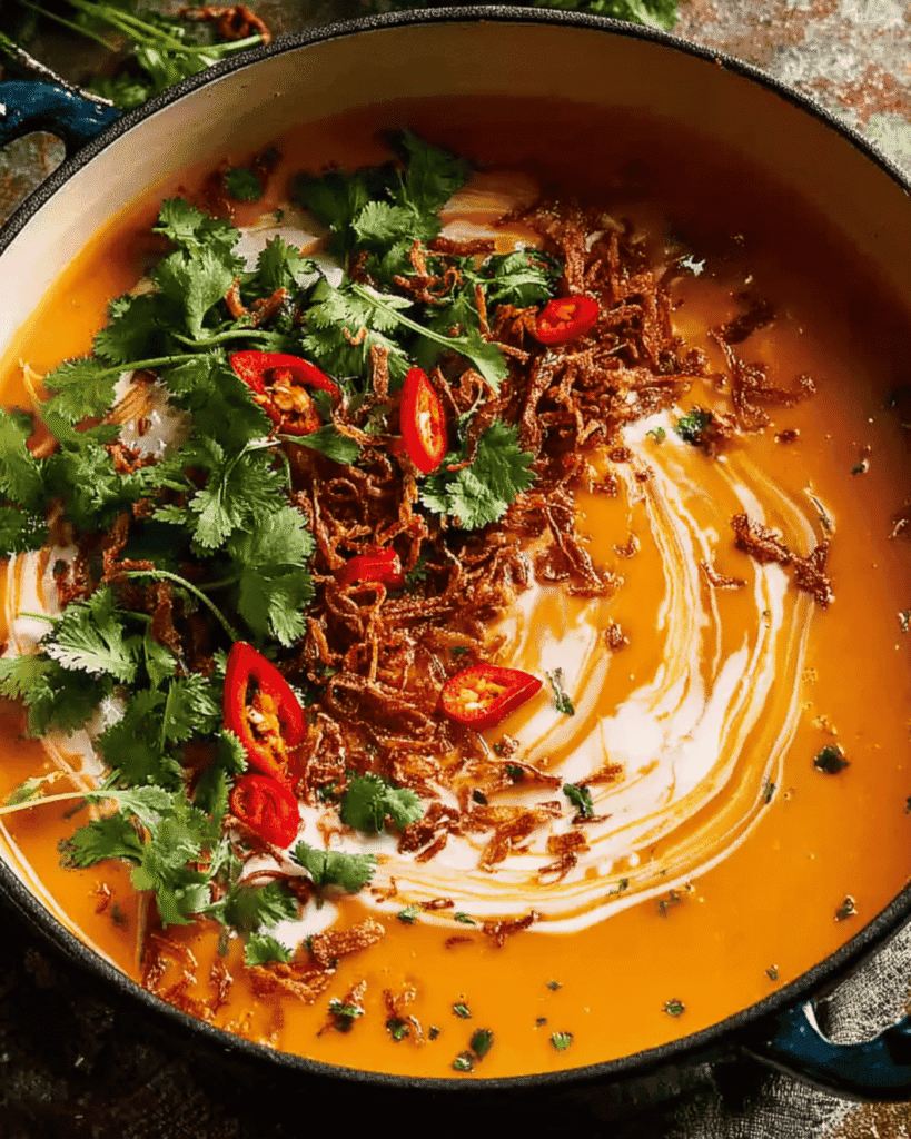 Thai Coconut Pumpkin Soup in a pot topped with fresh coriander, red chili, and crispy shallots