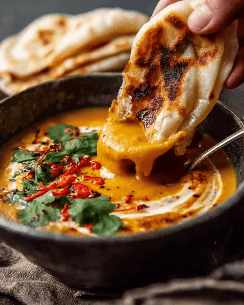 Hand dipping warm roti bread into a bowl of creamy Thai coconut pumpkin soup with chili and cilantro.
