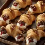 Close-up of cranberry cream cheese crescent rolls with pecans on a rustic pan.
