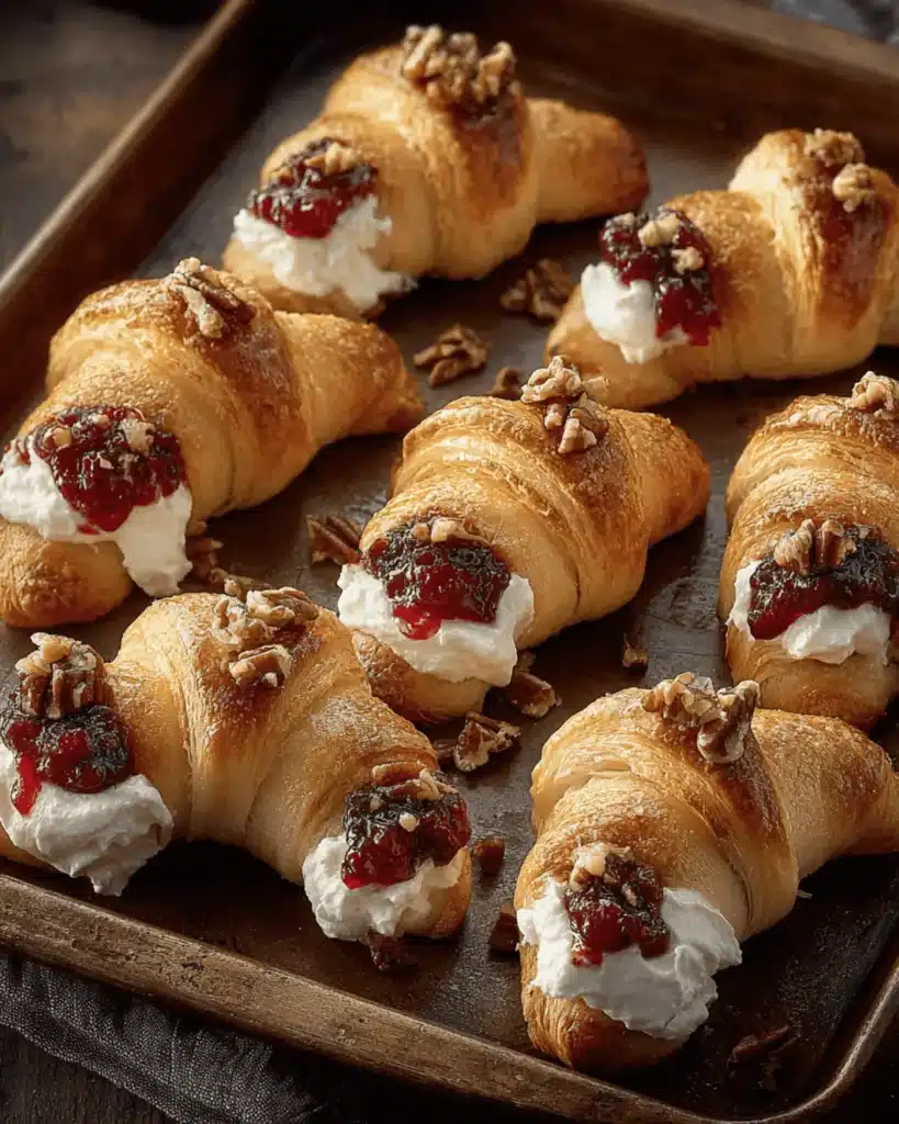 Close-up of cranberry cream cheese crescent rolls with pecans on a rustic pan.