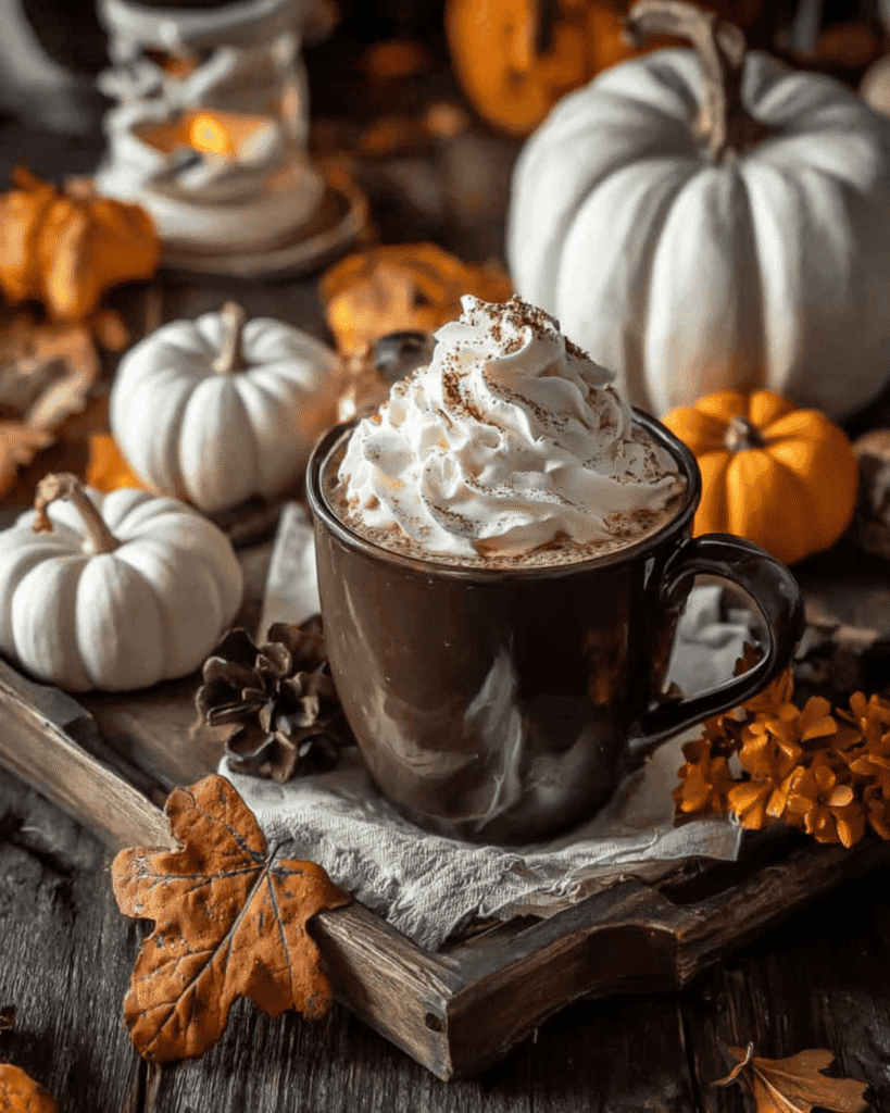 A cozy mug of The Best Pumpkin Spice Hot Chocolate topped with whipped cream, surrounded by white pumpkins and autumn leaves.