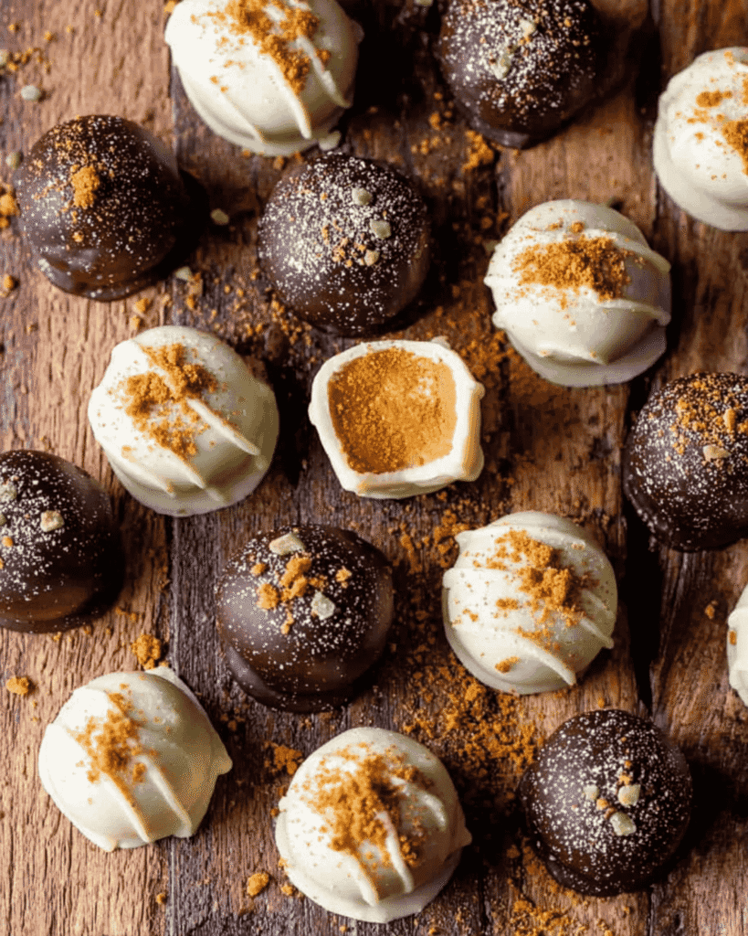 Assorted pumpkin spice truffles coated in white and dark chocolate, displayed on a rustic wooden table.