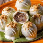 White chocolate pumpkin spice truffles on an orange plate with green napkin, one truffle cut open.