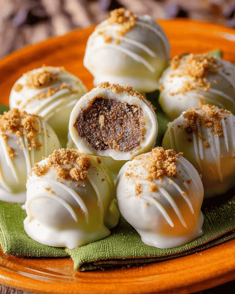 White chocolate pumpkin spice truffles on an orange plate with green napkin, one truffle cut open.