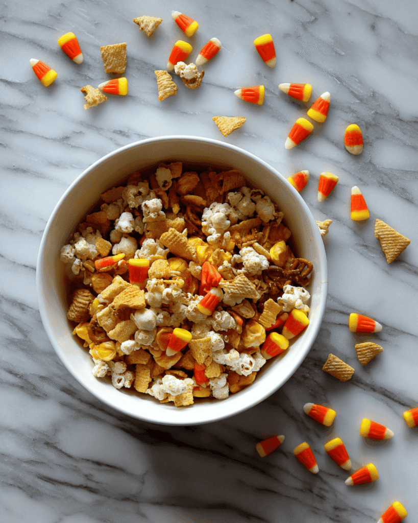 Overhead view of Witches Brew Halloween Snack Mix with Bugles, popcorn, pretzels, and candy corn on marble background