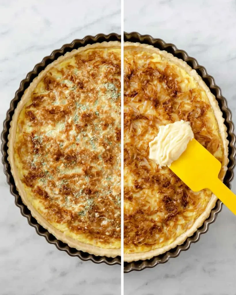 Step-by-step process of assembling Caramelized Onion Tart with creamy filling and caramelized onions