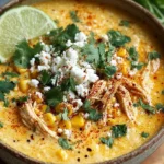 Mexican Street Corn Soup topped with cilantro, cheese, and a lime wedge.