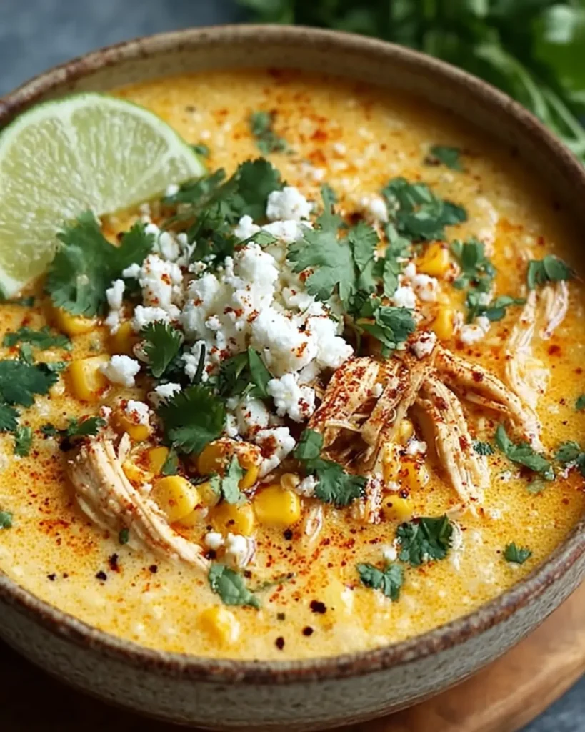 Mexican Street Corn Soup topped with cilantro, cheese, and a lime wedge.