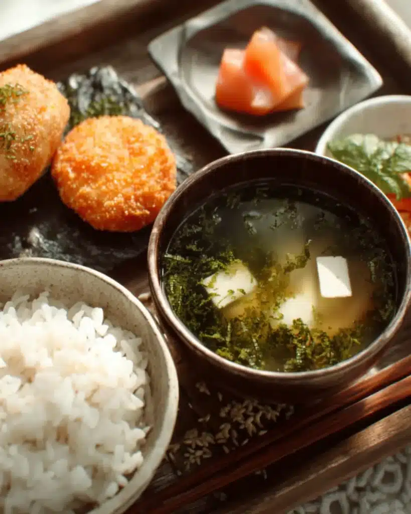 Bowl of miso soup with tofu and seaweed served with steamed rice and golden croquettes on a Japanese wooden tray