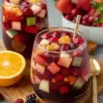 Thanksgiving sangria with apple, cranberry, and orange slices served in a festive glass with fresh berries and citrus