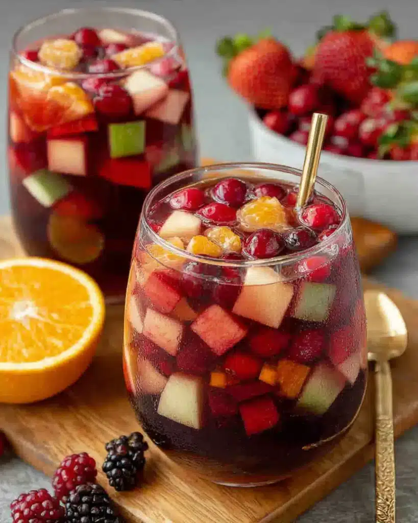 Thanksgiving sangria with apple, cranberry, and orange slices served in a festive glass with fresh berries and citrus