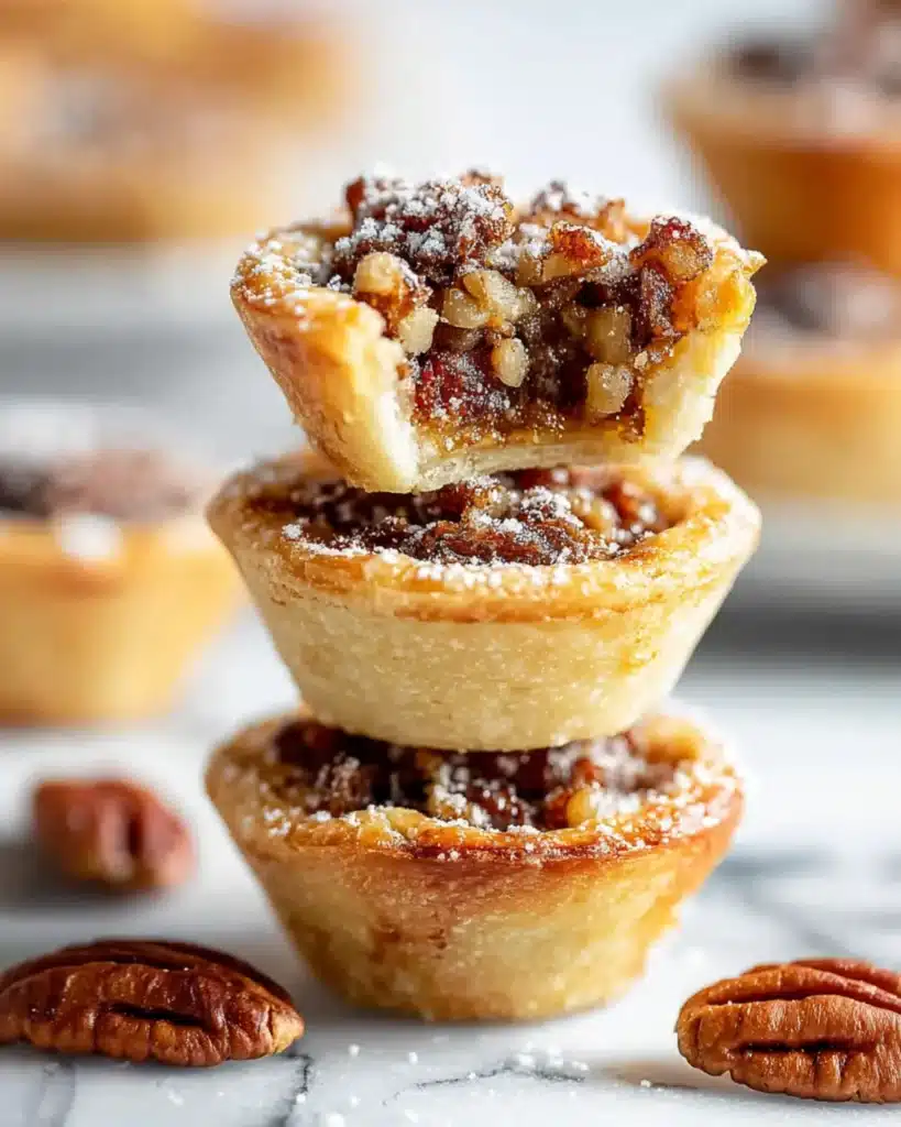 Stack of pecan tassies showing gooey pecan filling and flaky crust on marble surface.