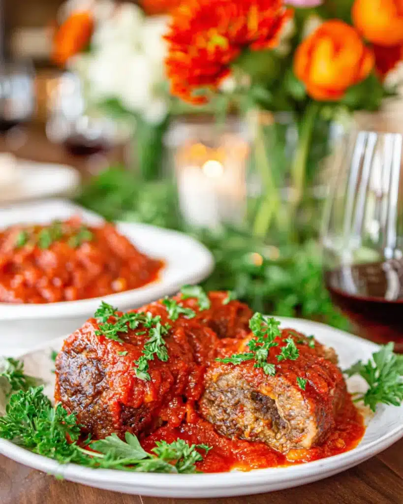 Braciole with Tomato Sauce served on a white plate with fresh parsley and rich Italian red sauce.
