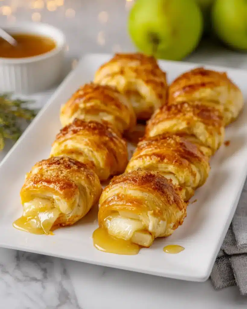 Golden baked Brie Pear Crescent Bites drizzled with honey on a white serving plate, with green pears and holiday decor in the background.