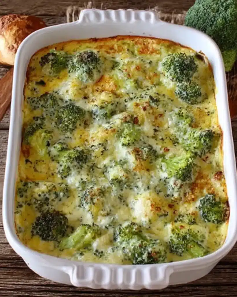 Golden baked broccoli cheese casserole in a white rectangular dish on rustic wood background