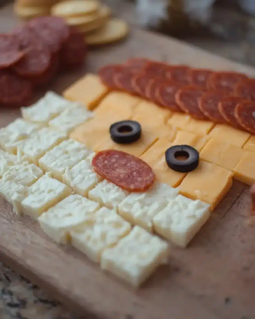Santa cheese board in progress with cheddar, mozzarella, pepperoni, and black olives arranged on a wooden board