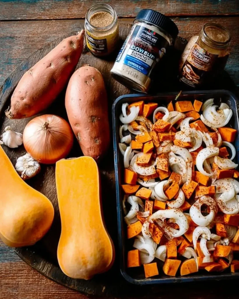 Fresh butternut squash, sweet potatoes, onions, garlic, and spices prepared for soup on a rustic wooden table