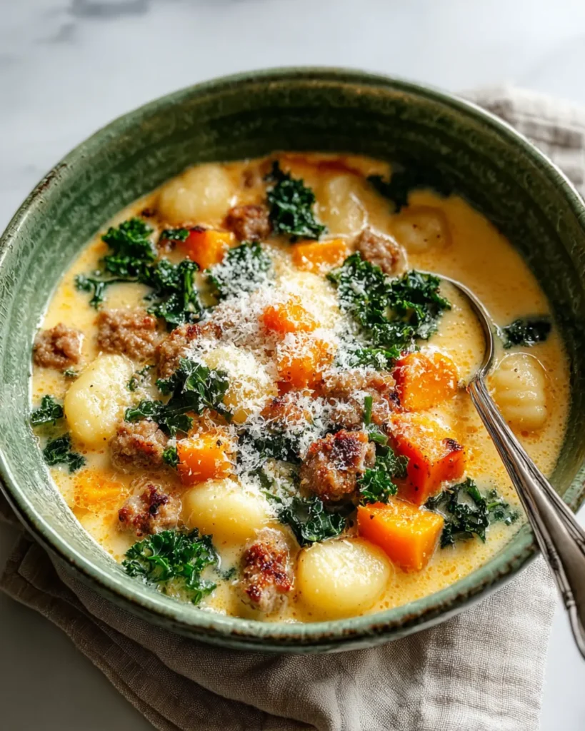 A warm bowl of creamy butternut squash gnocchi soup topped with kale, sausage substitute, and grated parmesan cheese.