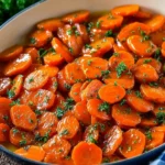 Glazed carrot slices with parsley in a white skillet – a sweet and buttery Thanksgiving side dish.