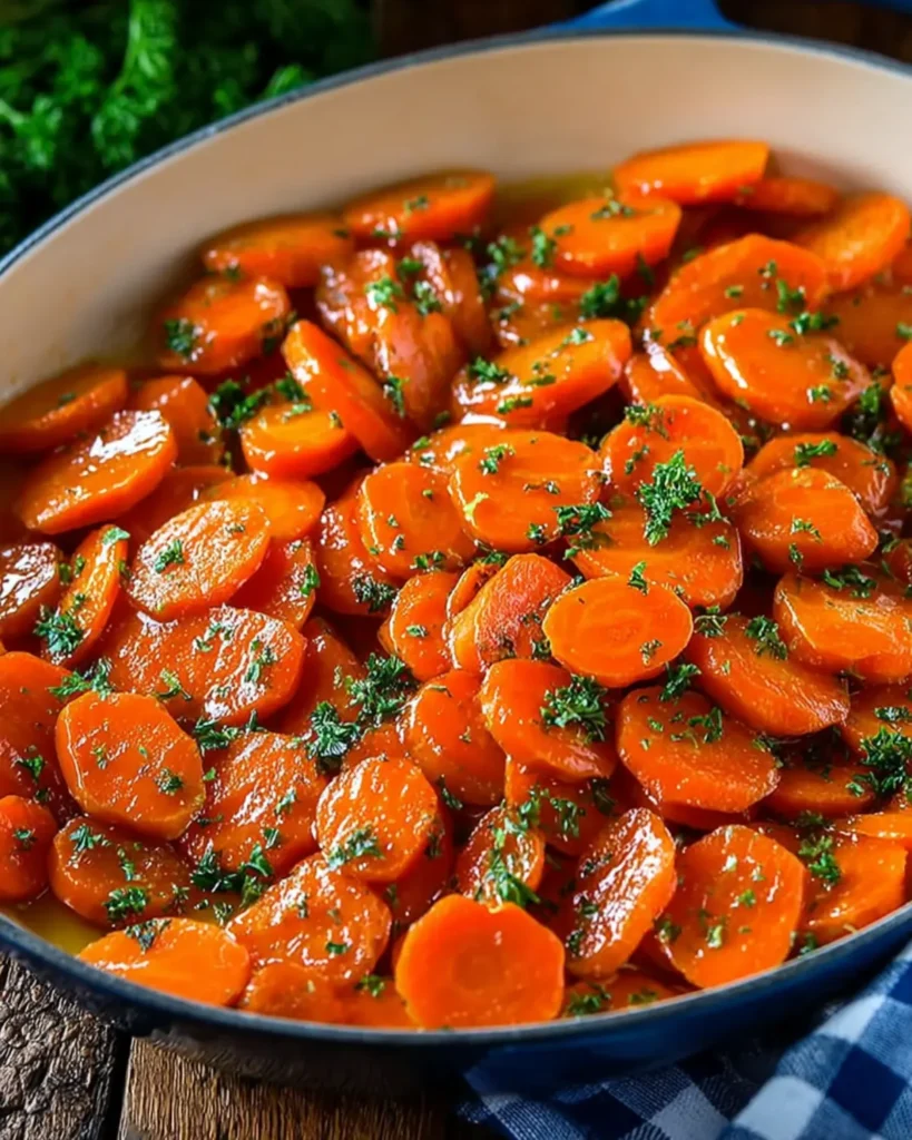 Glazed carrot slices with parsley in a white skillet – a sweet and buttery Thanksgiving side dish.