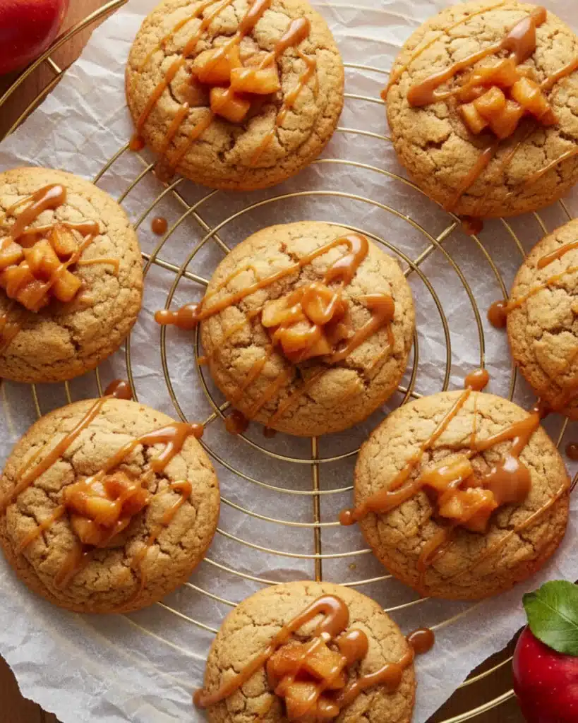 Baked caramel apple cookies cooling on a wire rack with caramel drizzle and apple toppings