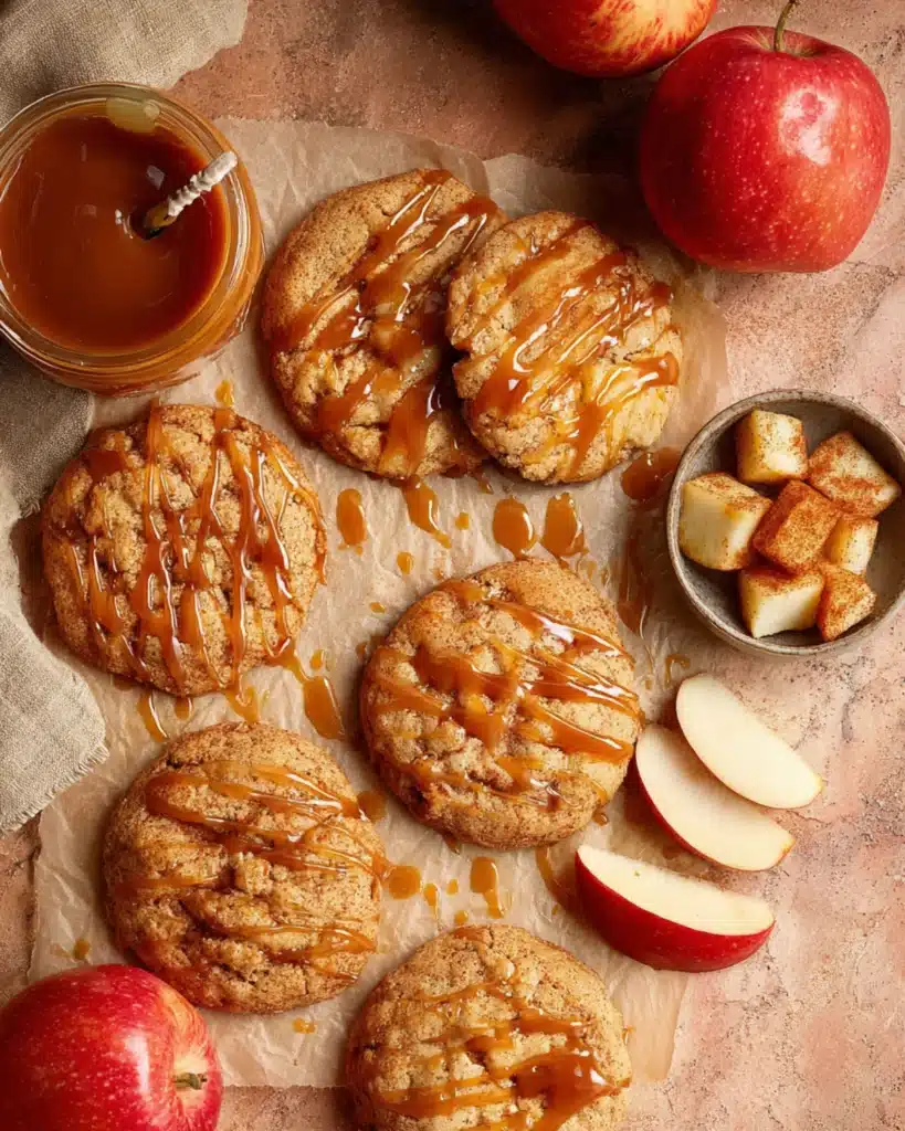Overhead view of caramel apple cookies drizzled with caramel sauce surrounded by fresh apples and caramel jar