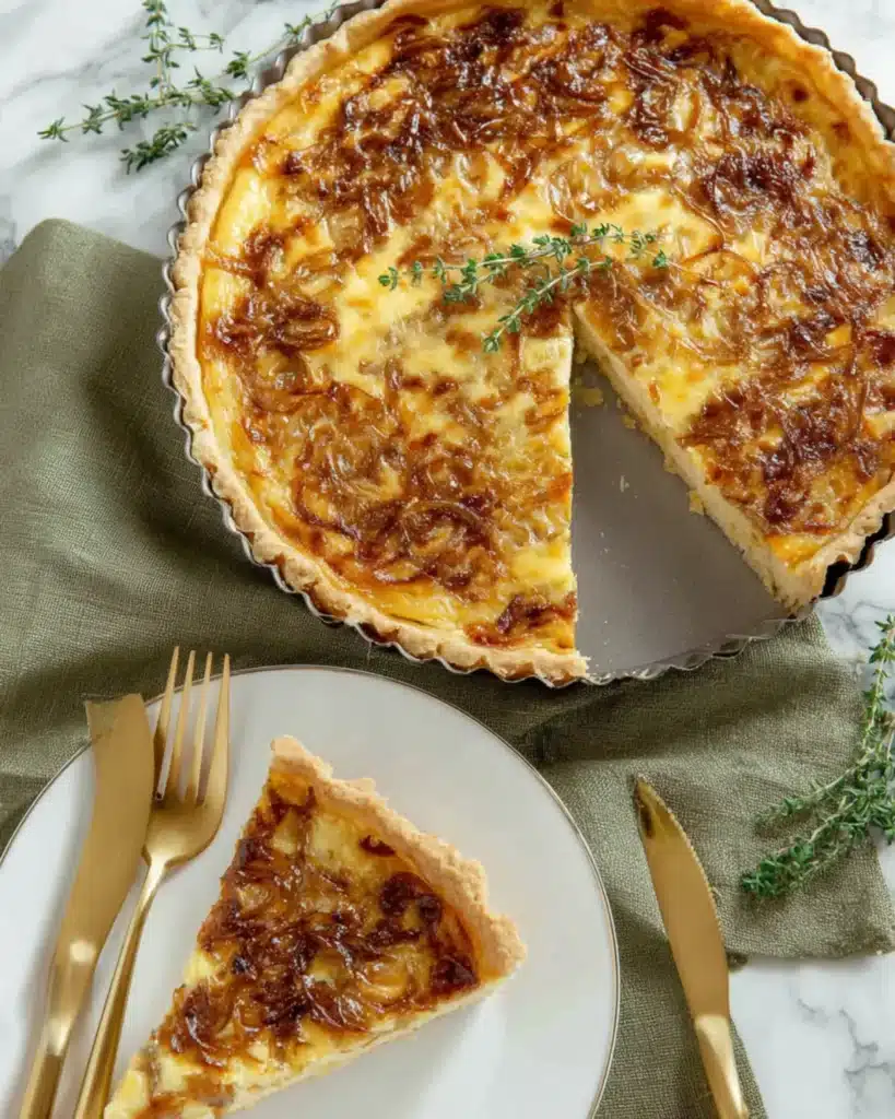 Golden Caramelized Onion Tart with a slice on a white plate, styled with green napkin and thyme sprigs