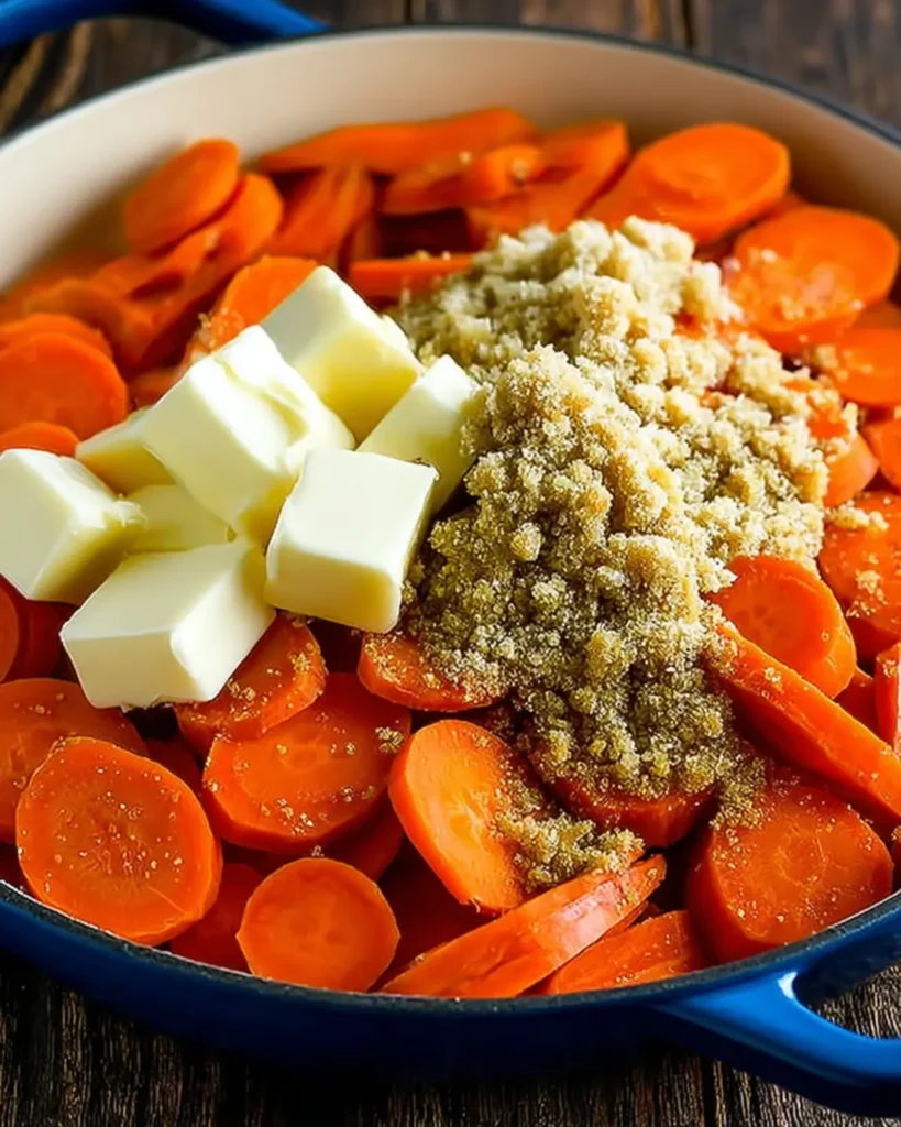 Carrot slices topped with butter and brown sugar in a skillet ready to make sweet glazed carrots.