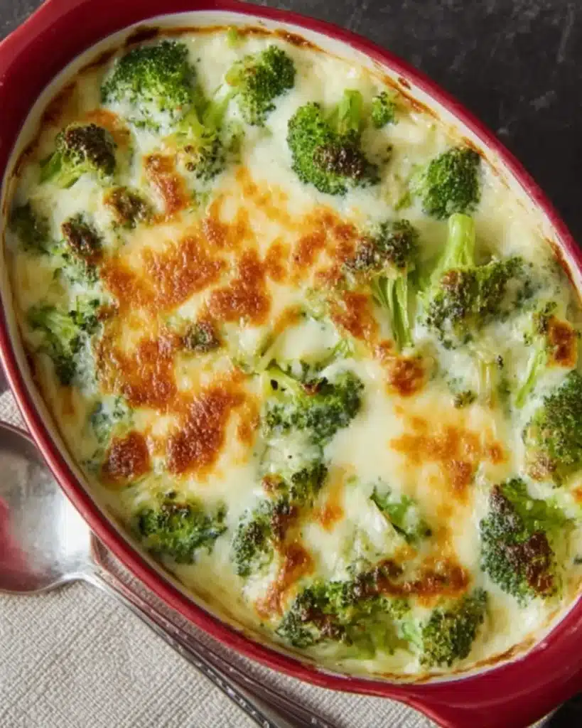 Broccoli cheese bake in red oval casserole dish with golden melted cheese on top