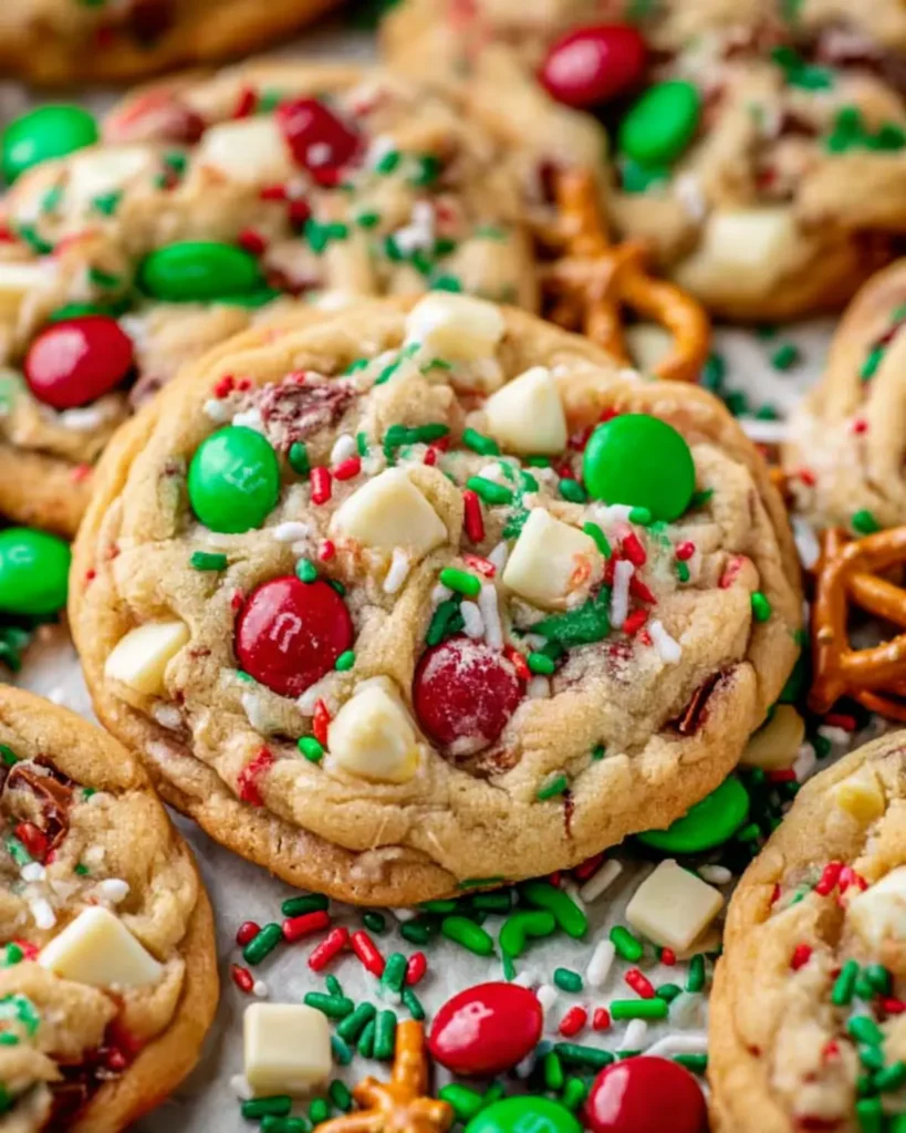 Close-up of Christmas Kitchen Sink Cookies topped with red and green M&Ms, white chocolate chips, and festive sprinkles