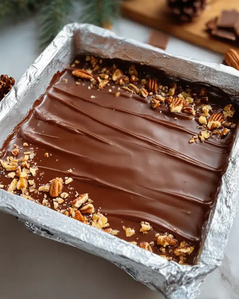 Classic Christmas Toffee with melted chocolate and pecans in foil-lined baking pan