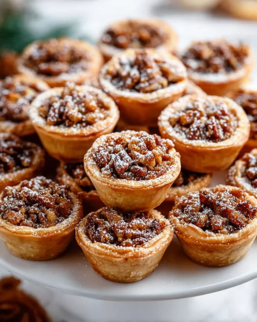 Freshly baked pecan tassies dusted with powdered sugar on a white serving stand.
