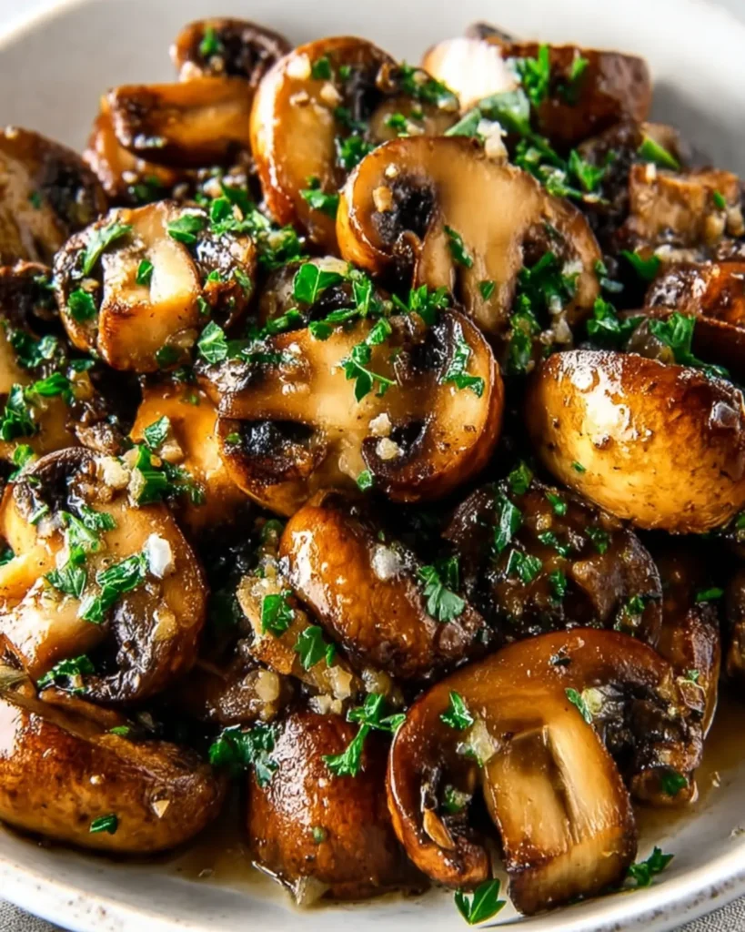 Close-up of garlic butter mushrooms topped with parsley on a plate